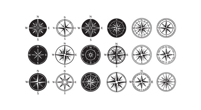 Set of compass rose icons with cardinal directions north, south, east, west. navigation and travel symbol collection.