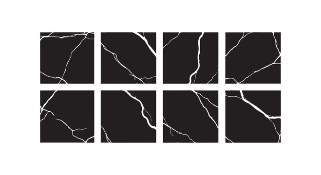 Set of eight cracked square black textures with white lines for background and design elements.