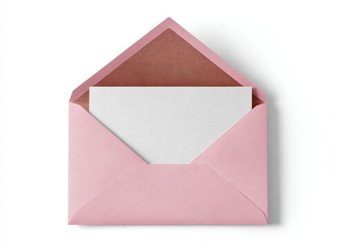 A light pink envelope with a textured interior, open, revealing a white blank card