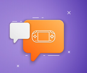 White Portable video game console icon isolated on purple background. Gamepad sign. Gaming concept. Orange speech bubble symbol. Vector © Vadim