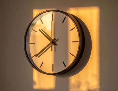 Jam modern di dinding dengan pantulan sinar matahari yang hangat.