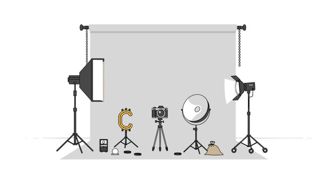 An organized photography studio setup displays a central digital camera surrounded by professional lighting equipment and a grey backdrop in bright light.