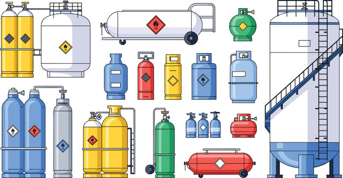 Collection of industrial gas cylinders storage tanks and pressure vessels with hazard symbols isolated on white background for energy chemical and manufacturing industry design projects