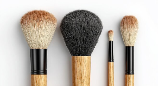 A collection of four cosmetic brushes with wooden handles and diverse bristles