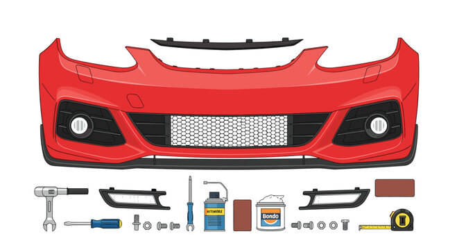 A vibrant red automotive bumper is displayed alongside a comprehensive set of professional repair tools in a bright garage for meticulous maintenance.