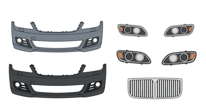 A detailed collection of automotive replacement parts includes two front bumpers in different shades in a clean workshop with headlights and a grille.