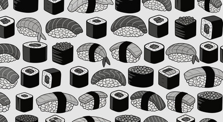 A seamless pattern of various sushi and maki rolls in a simple, grayscale isometric style © Akil