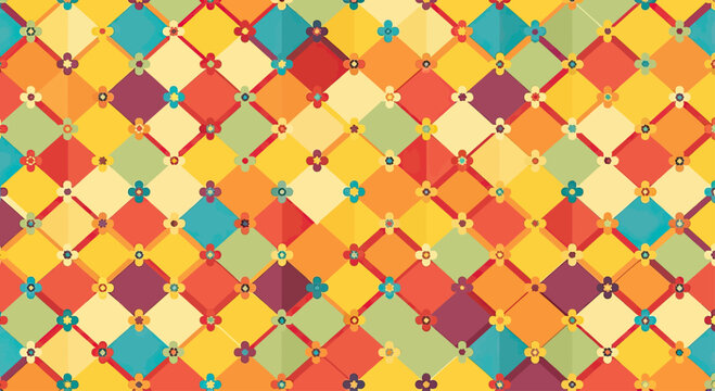 A vibrant, geometric pattern of colorful diamonds and small flowers