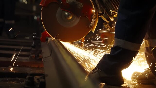 Close-up view of a worker using a high-speed grinder to cut a steel rail, sending a shower of bright sparks across the industrial workshop floor during heavy-duty metal fabrication