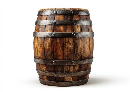Aged wooden barrel with metal bands on white background