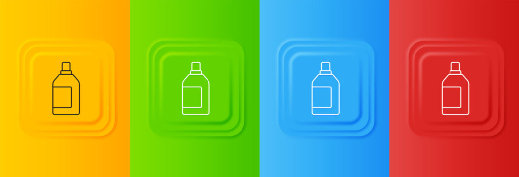 White Plastic bottle for laundry detergent, bleach, dishwashing liquid or another cleaning agent icon isolated on colorful background. Set icons in square buttons. Vector