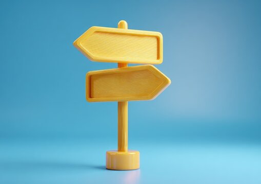 A bright yellow, two-sided arrow signpost stands against a clear blue background