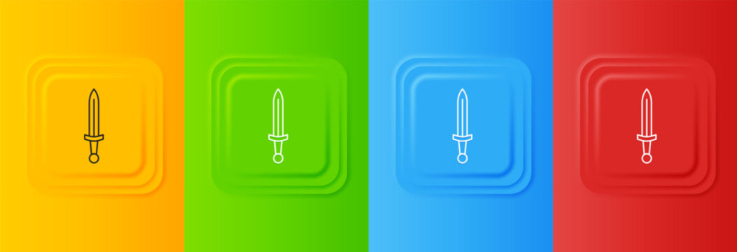 White Medieval sword icon isolated on colorful background. Medieval weapon. Set icons in square buttons. Vector