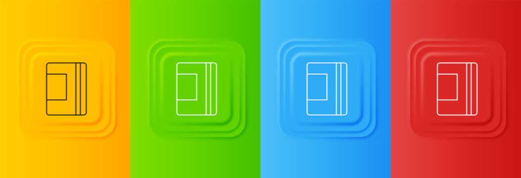 White Notebook icon isolated on colorful background. Spiral notepad icon. School notebook. Writing pad. Diary for school. Set icons in square buttons. Vector
