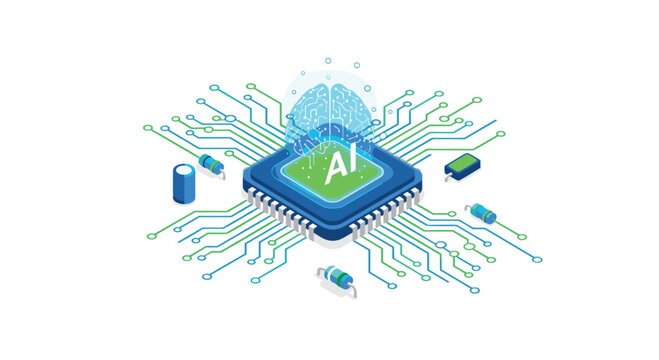 An isometric blue microchip labeled AI supports a glowing translucent brain connected to intricate green and blue circuit traces on a white background.