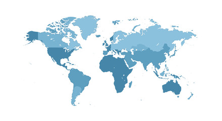 Naklejka premium A meticulously detailed world map displays various shades of blue across global continents against a pristine white background for professional business.
