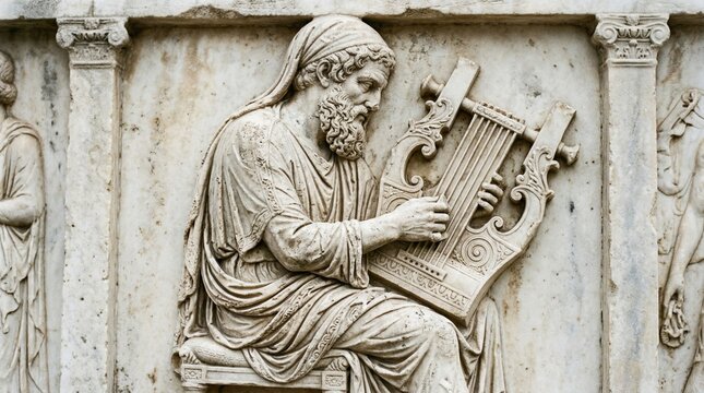 Ancient Greek Marble Relief Sculpture of a Bearded Man Playing a Lyre, Classical Stone Carving of a Musician or Poet from Antiquity, Historical Architectural Bas-Relief Frieze Art Decor