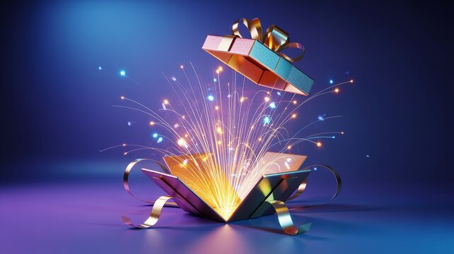Digital rendering of a sparkling gift box with gold ribbon and bright lights.