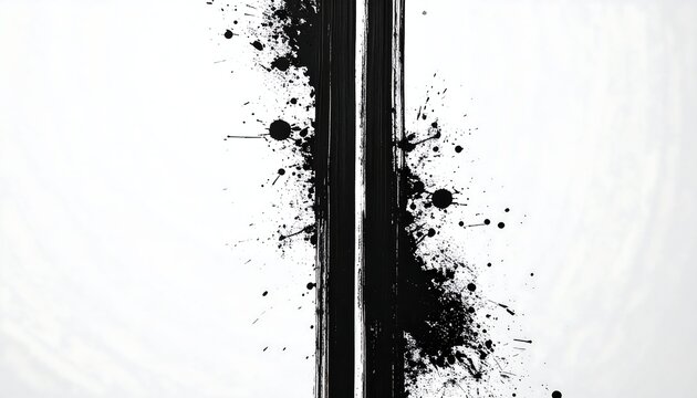 Abstract black ink vertical strokes on white background with splatters