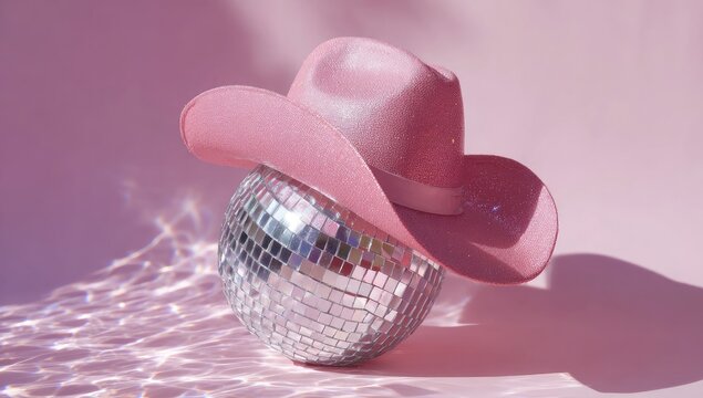 Glittery pink cowboy hat perched atop a sparkling disco ball