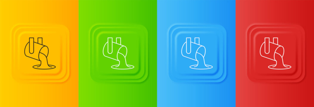 White Molten gold being poured icon isolated on colorful background. Molten metal poured from ladle. Set icons in square buttons. Vector