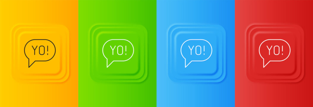 White Yo slang lettering icon isolated on colorful background. Greeting words. Set icons in square buttons. Vector