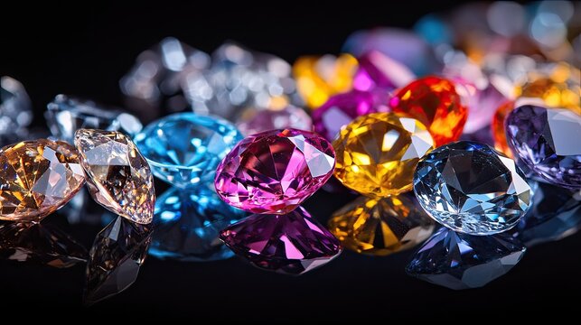 Colorful sparkling gemstones in various shapes and sizes reflecting light against black background showcasing the beauty and brilliance of precious stones
