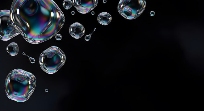 Floating Rainbow Droplets. Abstract iridescent oil or soap bubbles with rainbow reflections floating against a solid black background.
