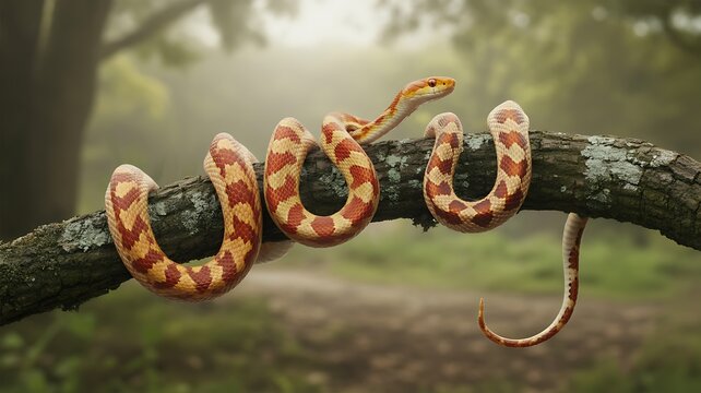 Orange and white patterned corn snake coiling around a thick tree branch in a misty forest scene