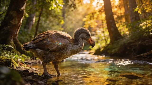 Extinct Dodo Bird Wading in a Sunlit Forest Stream at Golden Hour