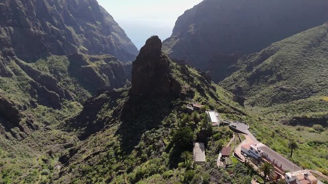 Aerial drone view of the mountains and cliffs and the tourist attraction of Masca village in western Tenerife