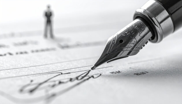 Ink Pen Signature: A close-up view of an elegant ink pen poised to sign, a symbol of agreement. The scene evokes a sense of professionalism and formality