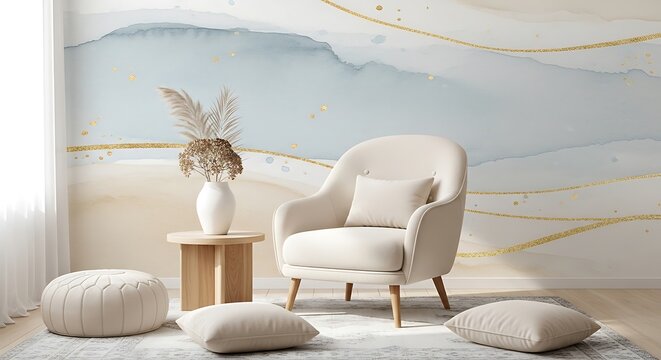 Cozy living room with cream chair and gold accents on wall