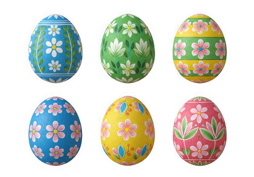 Colorful easter eggs with floral patterns isolated on transparent background