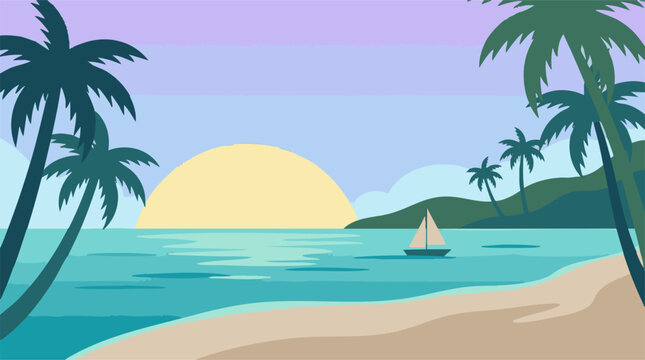 Vibrant illustration of a tropical beach sunset with palm trees and ocean