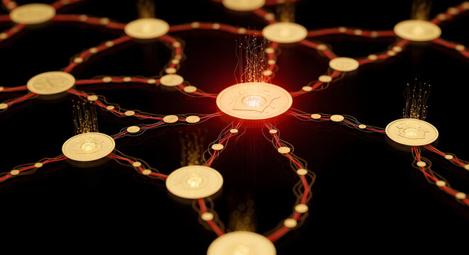 A glowing network of interconnected cryptocurrency coins on a black background