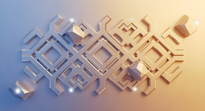 A futuristic 3D geometric design with metallic circuits and glowing lights