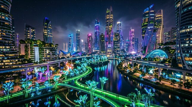 futuristic night eco friendly, green enery city with futuristic glowing tree lights and beautiful colorful tall unusual shaped buildings