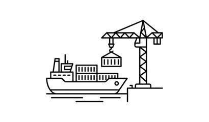 Fototapeta premium black and white line art illustration of a cargo ship with a crane