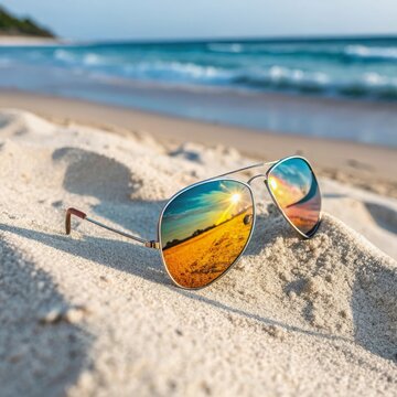 Reflections of a Vibrant Sunset in Sunglasses on Sandy Beach by Tranquil Ocean Waves