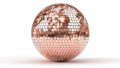 A metallic, rose gold spherical disco ball reflecting light on a white surface