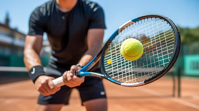 Player holding tennis racket with bright yellow ball on red court