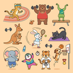 Fototapeta premium Cute cartoon animals exercising and playing sports, including a cheetah running, bear lifting weights, frog doing gymnastics, kangaroo boxing, rabbit playing tennis, cat doing yoga, elephant jumping r