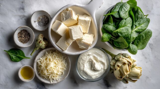 Bright green spinach, tender artichokes, creamy cheeses, and spices are beautifully displayed on a marble surface, ready for a culinary creation that will delight taste buds