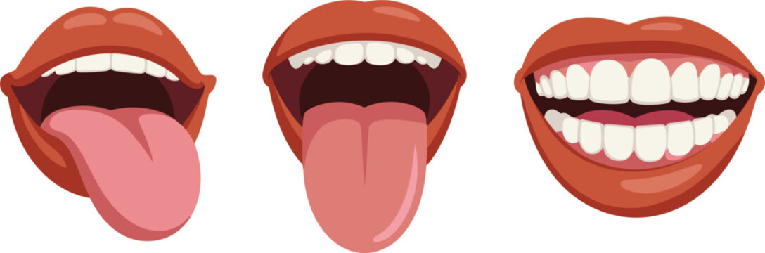 Cartoon mouth expressions with tongue out and smiling teeth illustration