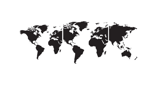 World map silhouette set with triptych style panels on white background for travel and global business corporate presentation.