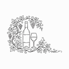 Naklejka premium “Elegant wine bottle and glass with decorative grapevine leaves clusters and swirling tendrils in artistic line drawing illustration”