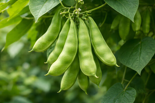 Fresh Hyacinth Bean Pods Hanging on Green Garden Vine, Organic Vegetable Close-Up