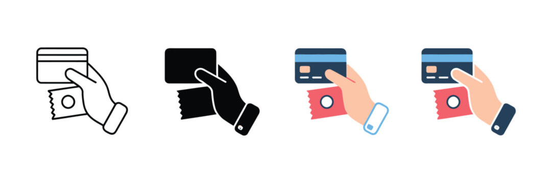 Hand holding credit card and ticket icon set payment and shopping concept vector illustration isolated on white background