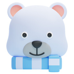 Cute 3D polar bear cub wearing a blue and white striped scarf, perfect for winter themes and children's content © Tia